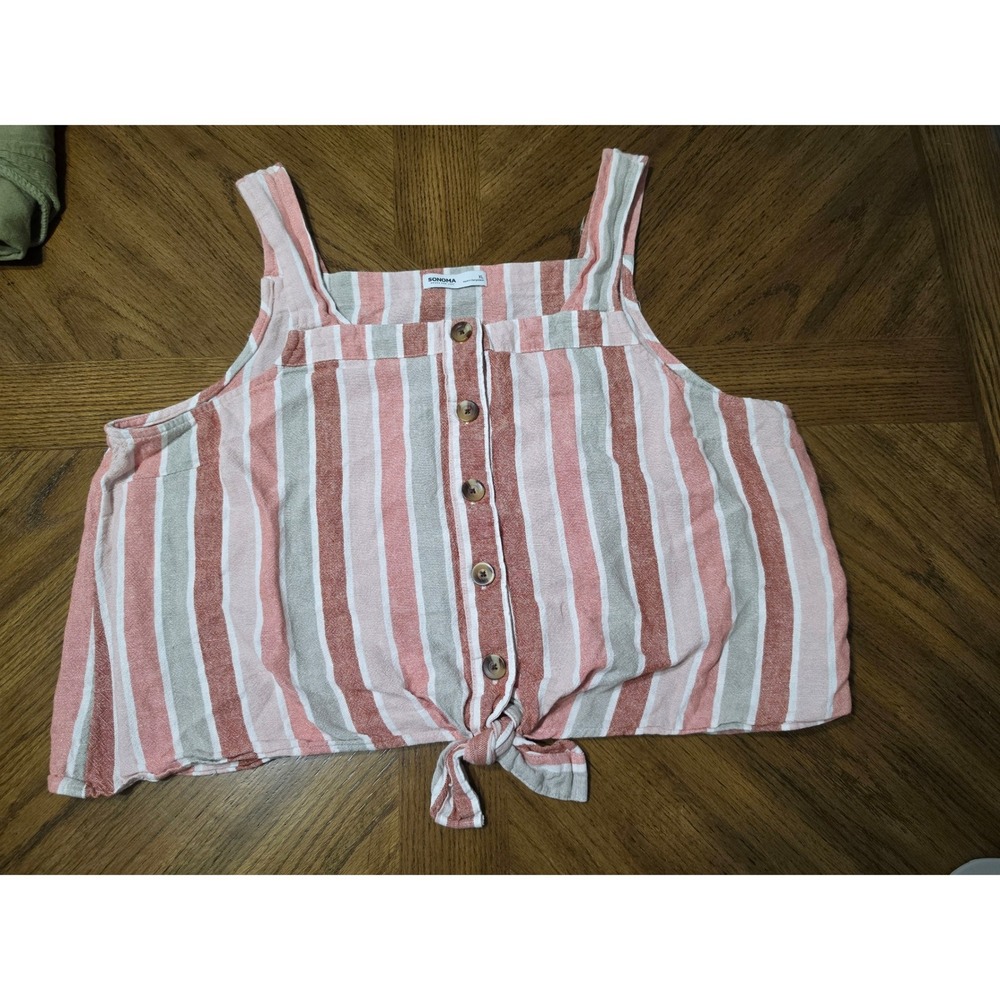 Sonoma Goods For Life Pink Striped Button Front Tie Hem Tank Top XL Womens